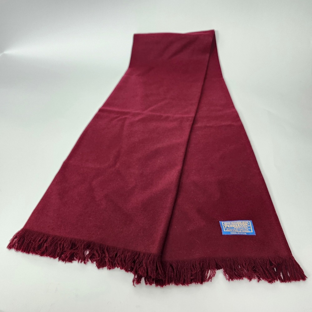 Vintage Pendleton 100% Virgin Wool Scarf Burgundy Red Made in USA Fringe 54"
